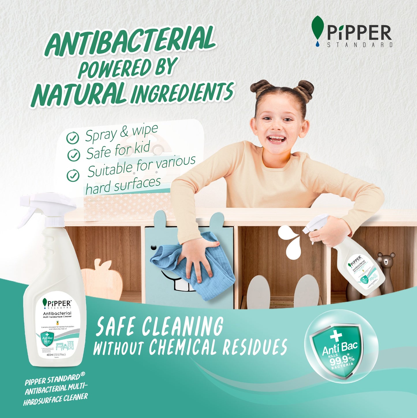 Pipper Standard Anti-Bacterial Multi-Surface Cleanser - Eucalyptus 400ml